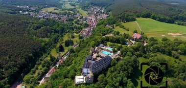 Luftaufnahme von Altleiningen im Tal zwischen Hügeln und Wald. 