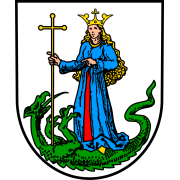 Wappen von Bissersheim. Die heilige Margareta von Antiochia in blau-rotem Gewand mit Krone und Stab über einem besiegten, grünen Drachen stehend. Weißer Hintergrund. 