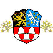 Wappen von Dirmstein. Untere Hälfte rot-weiß gemustert. Obere Hälfte geteilt. Links auf schwarz ein gelber Löwe, rechts auf hellblau ein Schlüssel und kleine, gelbe Kreuze. Links und rechts des Wappens gelbe Trauben. 