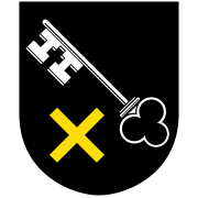 Wappen von Hettenleidelheim. Auf Schwarz ein weißer, schräg stehender Schlüssel, darunter links unten ein gelbes Kreuz. 