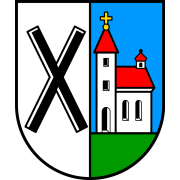 Wappen von Kirchheim. Vertikal halbiert. Links ein schwarzes X auf Weiß, rechts eine weiße Kirche mit rotem Dach auf grünem Boden vor hellblauem Himmel. 