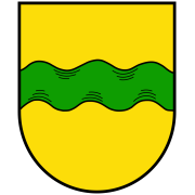 Wappen von Kleinkarlbach. Gelb, in der Mitte horizontal geteilt von grüner Wellenlinie. 