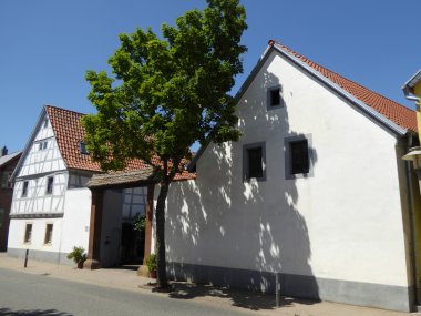 Zwei weiße Gebäude, eines mit Fachwerk, dazwischen ein Baum. 