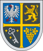 Wappen der Verbandsgemeinde Leiningerland. Weiße Umrahmung, von gelbem Kreuz geviertelt. Auf blauem Grund: Links oben ein weißer Adler mit roten Klauen, rechts unten ein gelber Trauben mit Blättern. Auf schwarzem Grund: Rechts oben ein gelber Löwe mit roten Klauen, links unten ein weißer Schlüssel und drei gelbe Sterne. 